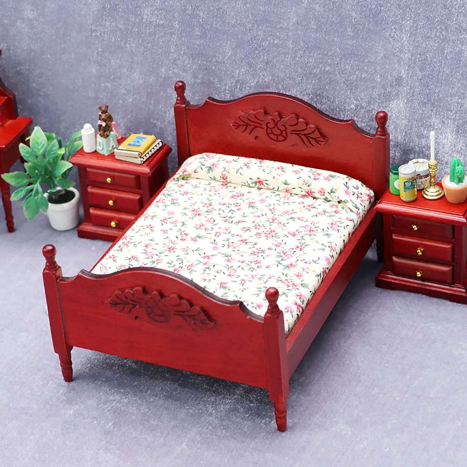Mini Double Bed 112 Scale Miniature Dollhouse Bed Flower