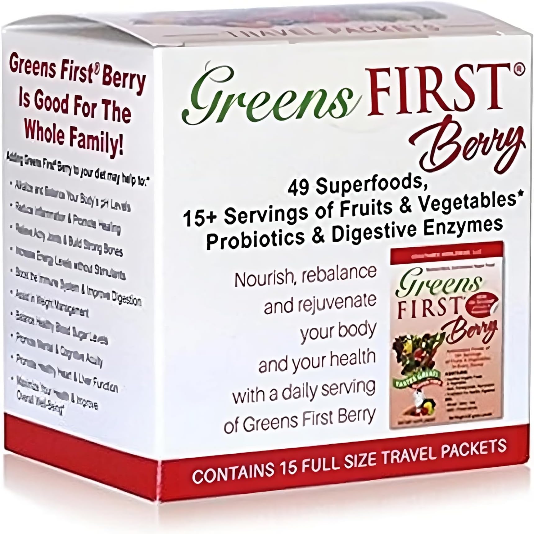 Greens FirstBerry - Travel Packets - Greens Powder Superfood, 49 Superfoods, 15+ Organic Fruit & Vegetables, Antioxidant Smoothie Mix Supplement, Dairy Free, Vegan & Non-GMO - 15 Count