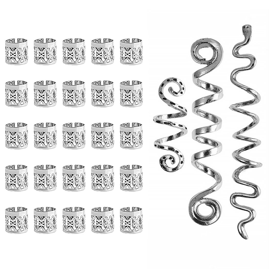 INGJIA 28 Pcs Bobina Joyería El Cabello Anillos Ajustables Cabello Trenzas De Metal Accesorio Para El Cabello Dreadlocks De Pelo Accesorios Para El Cabello Para Trenzas Para Hombres y Mujeres (Plata)