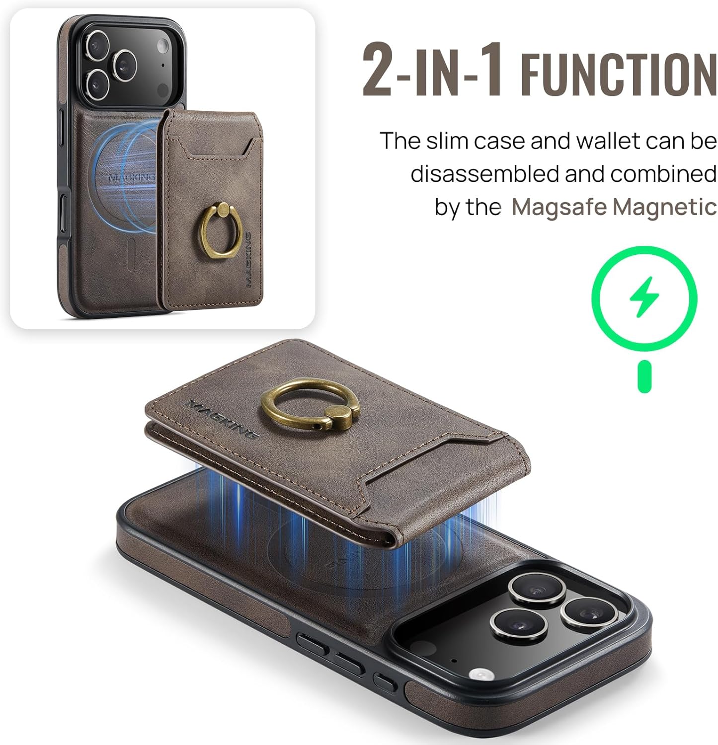 SZHAIYU 2 in 1 Detachable Magnetic Phone Cases Compatible with iPhone 17 Pro Case with Card Holder Ring, Compatible with Magsafe Wallet, Leather 6.3'' RFID Blocking (Coffee, iPhone 17 Pro) - Image 9