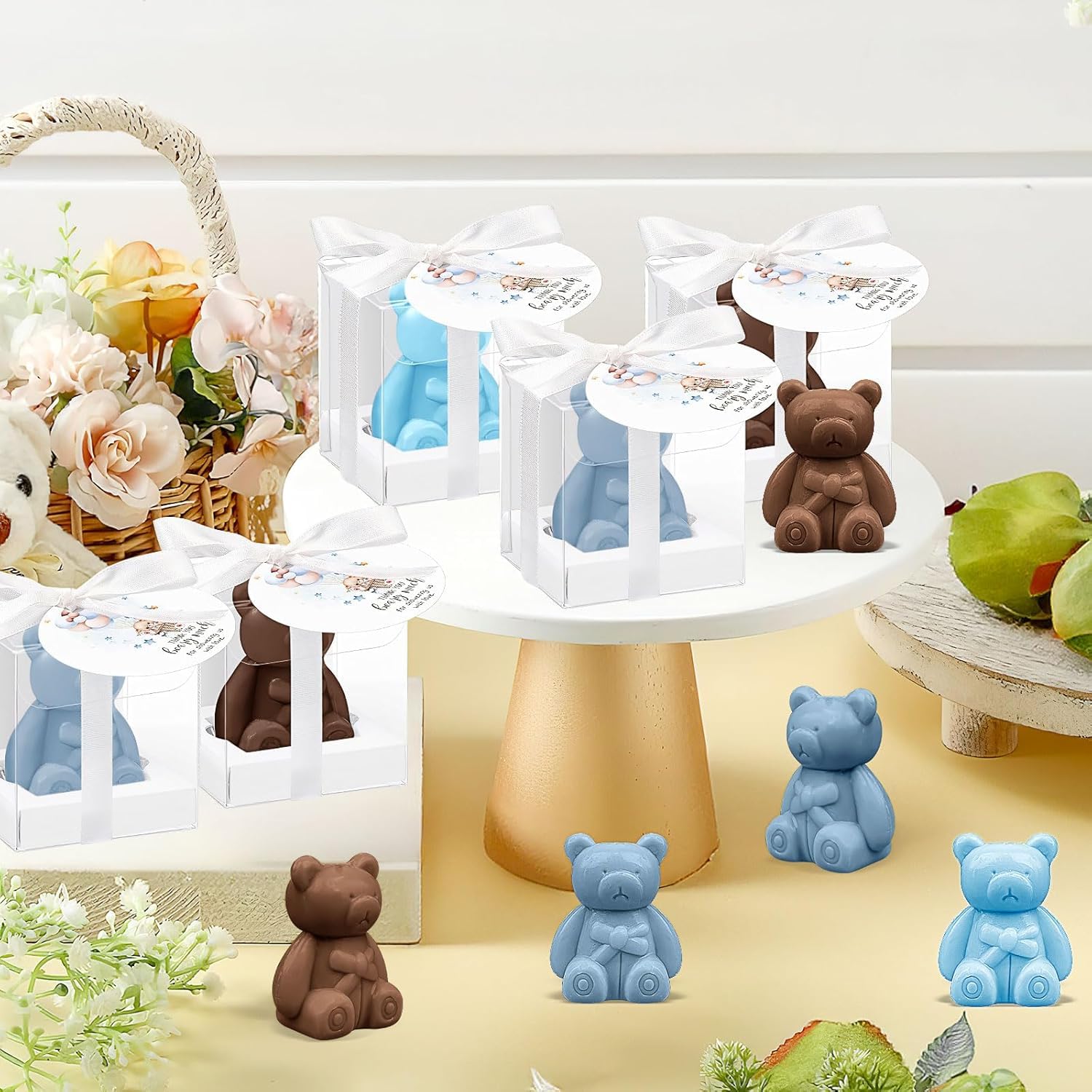 Lot de 36 Souvenirs de Savons Ourson pour Baby Shower avec Cartes de Remerciement et Boîtes pour Décoration, Cadeaux Invités, Fournitures de Mariage (Marron Foncé et Bleu)