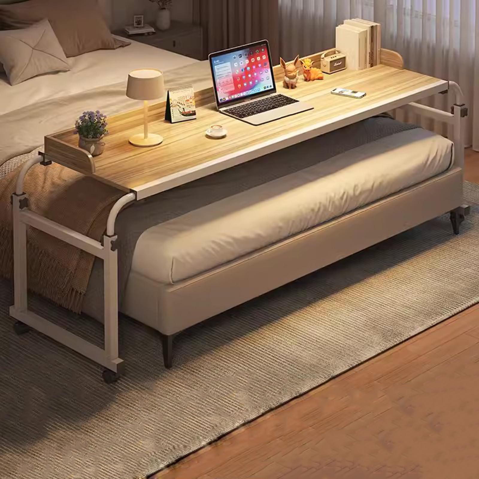 ZHFASDS Over Bed Desk Height Adjustable 65-95cm，Medical Table with Wheels Overbed Table Computer Workstation Food Tray Desk Standing King Size for Eating Reading Working(Color:Wood)