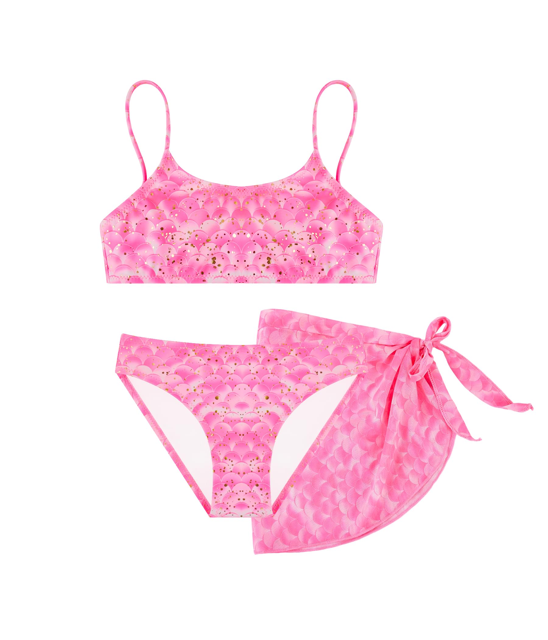 Conjunto Bikini Niña 3 Piezas con Falda Sarong, Bañador Dos Piezas con Tirantes Ajustables, Ropa de Playa y Piscina para Niñas de 4–12 Años