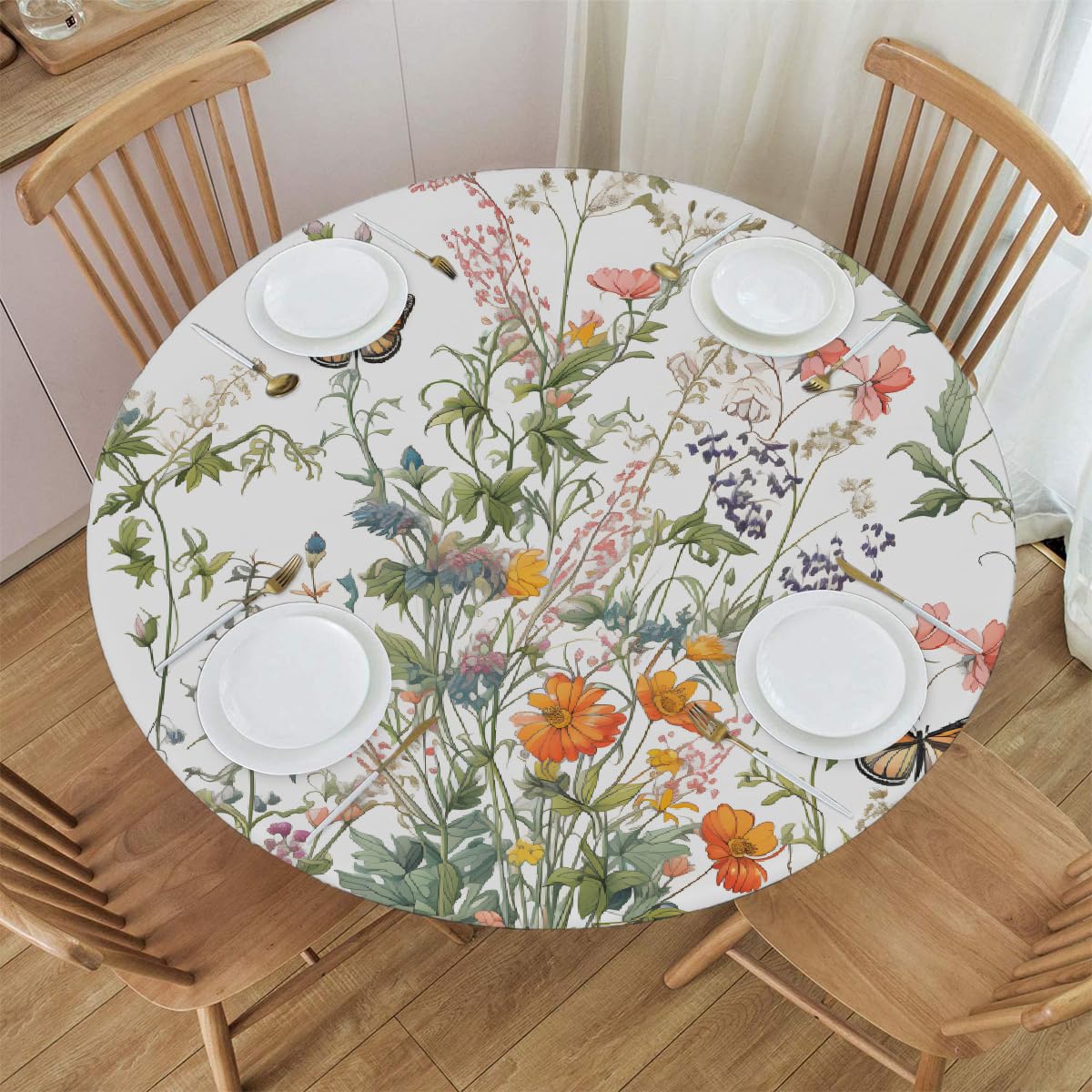 KNEMI Wild Floral Fitted Round Tablecloth with Elastic Edge, Waterproof Table Cloth Wipe Clean Round Table Cover for Outdoor Garden Patio Dining Table, Fits Round Tables Up To 40"- 44" Diameter