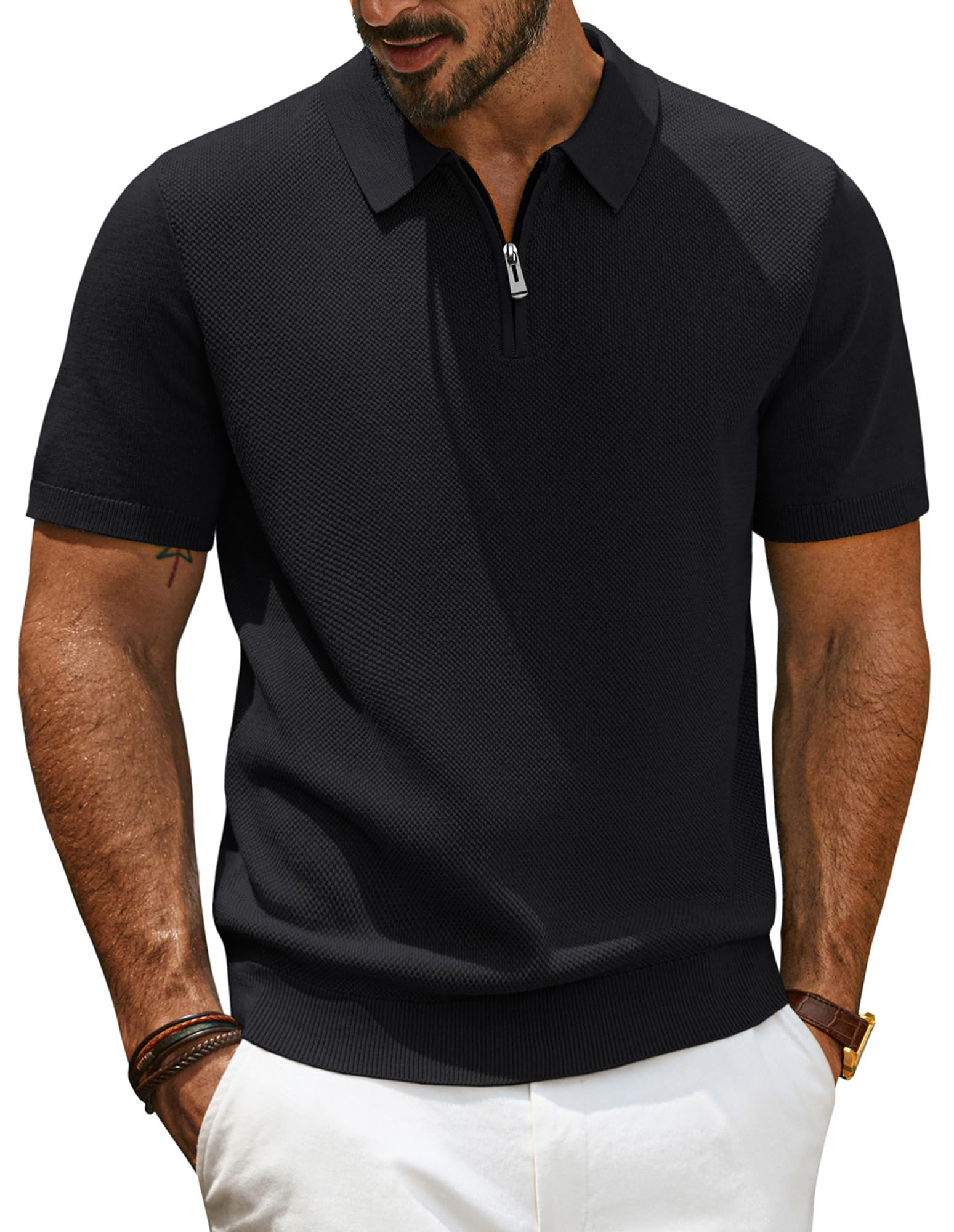 PJ PAUL JONES Herren Poloshirt Kurzarm mit 1/4 Reißverschluss Strick Polo Sommer Tshirts