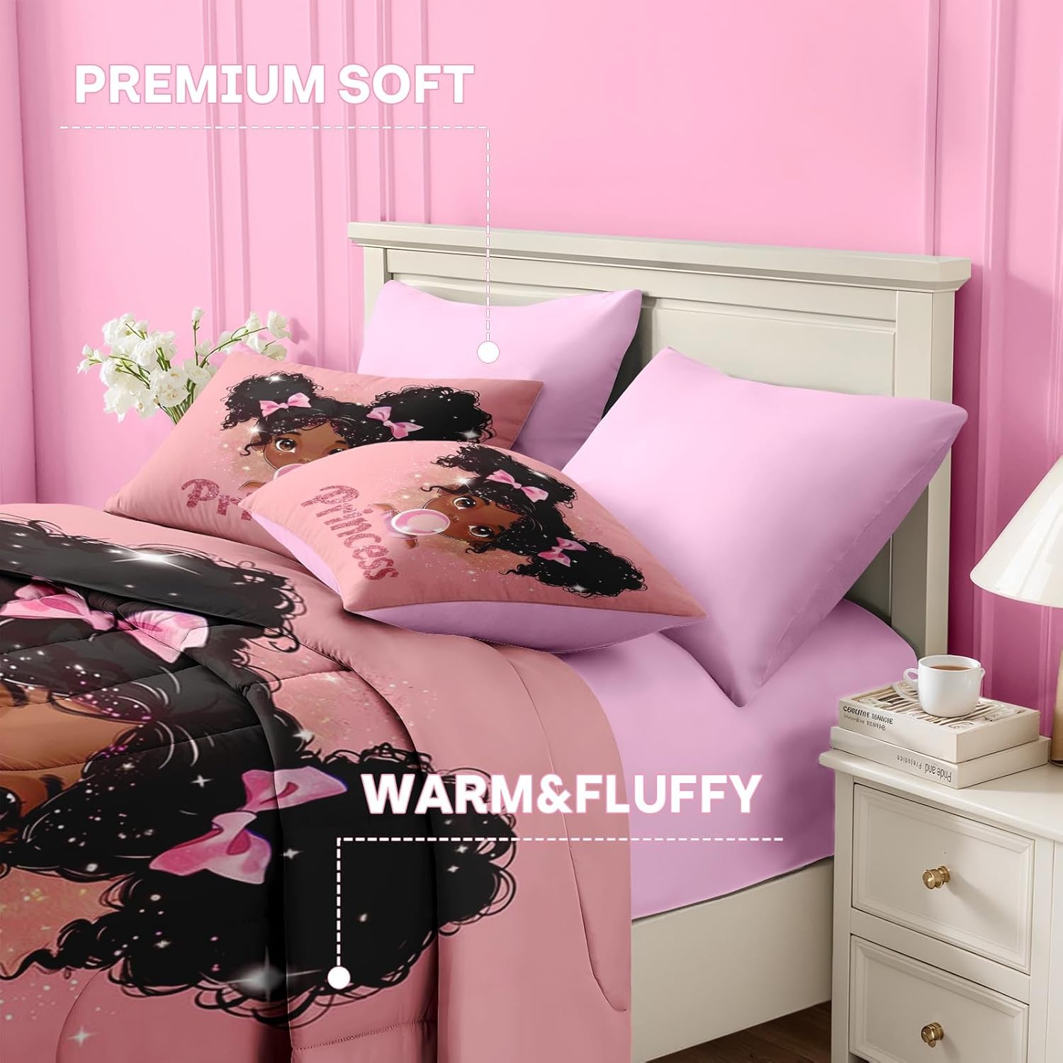 Nesker 5 Pcs Comforter Set Twin Size, African American Princess Bubbles Bedding for Kids Teen, Pink Black Girl Bed Sheet with Pillowcase & Sham - Image 6