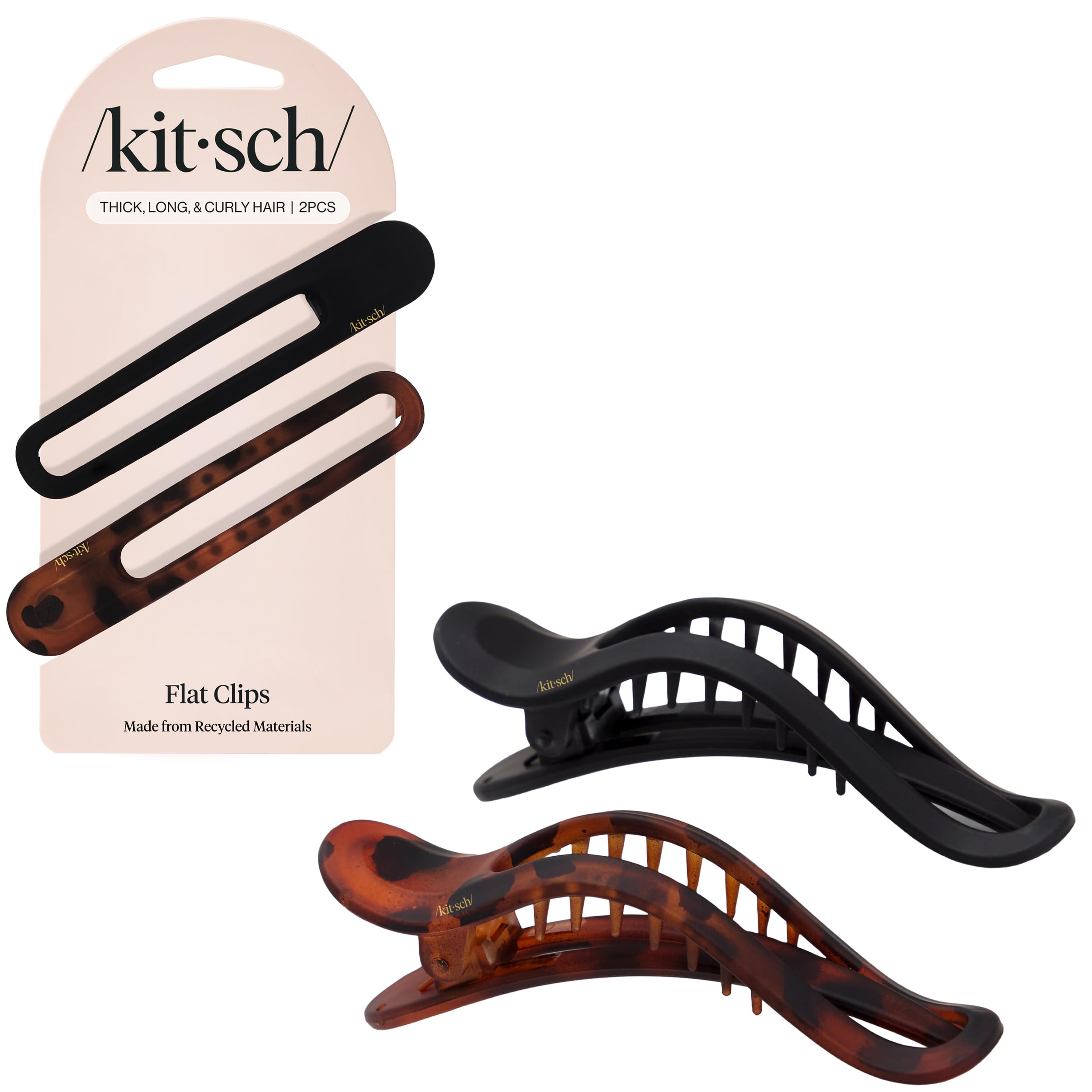 Kitsch Flat Hair Clips for Women - Strong Hold, No Slip Grip Flat Claw Clips | Sleek Curved Design For Comfortable Look | Hair Accessories For Girls | Ideal Gifts for Women - Black & Tortoise, 2pcs