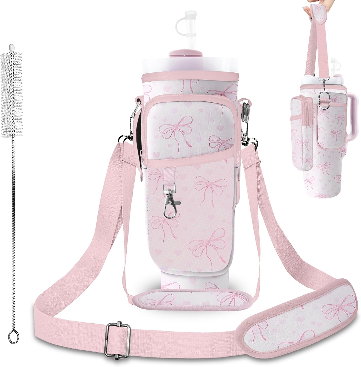 Stanley Water Bottle Bag with Adsjust Strap for 30/40 Oz Tumbler, Water Bottle Carrier with 3 Pockets, Cleaning Brush & Straw Cover, Stanley Cup Carrier Bag for Walking, Gym,Travel, Yoga