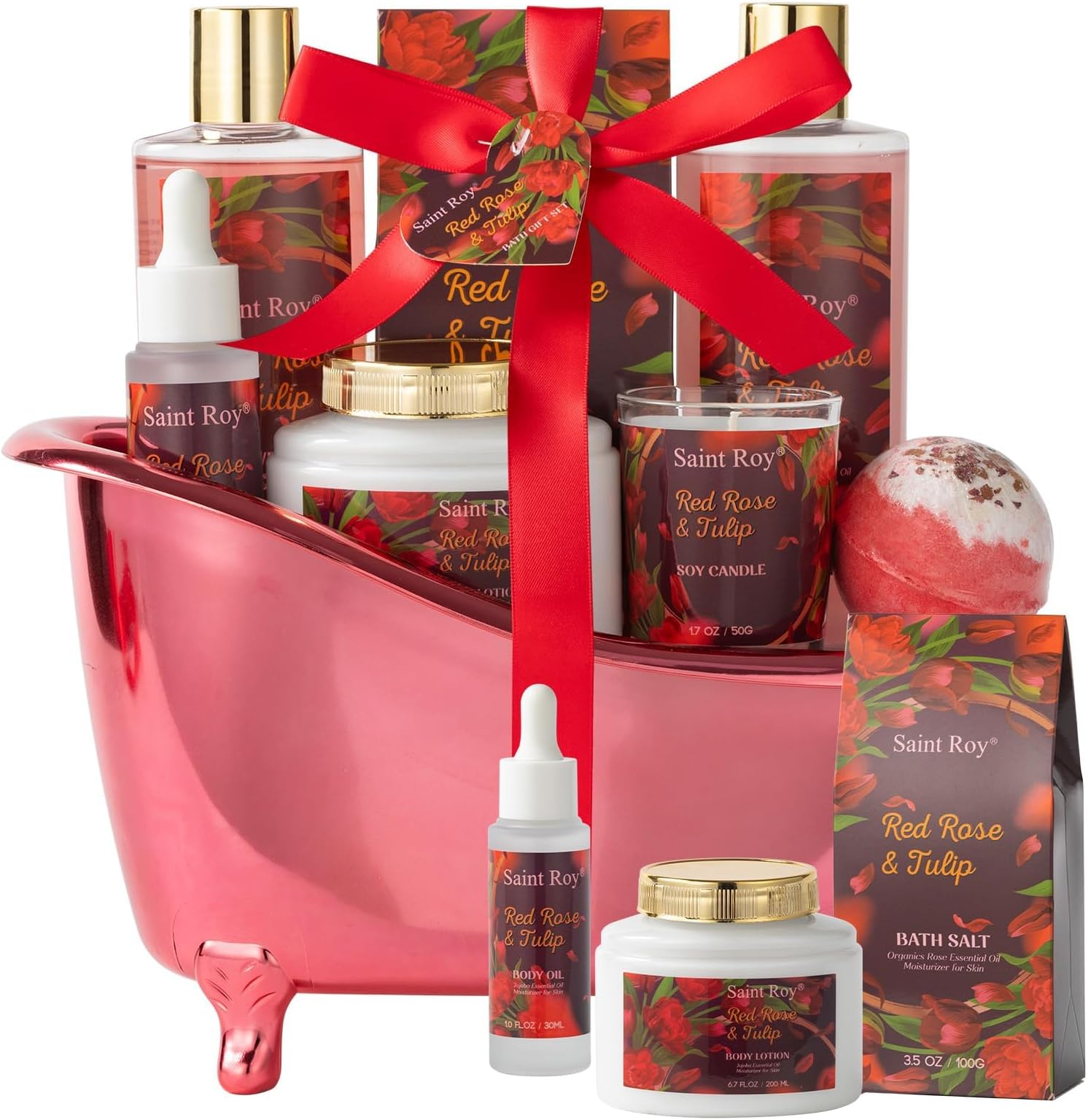 Mother's Day Spa Gift Set, Spa Baskets with Red Roses and Tulips for Women and Men, Contains Essential Oil, Bubble Bath, Body Lotion, Bath Salt, Candle