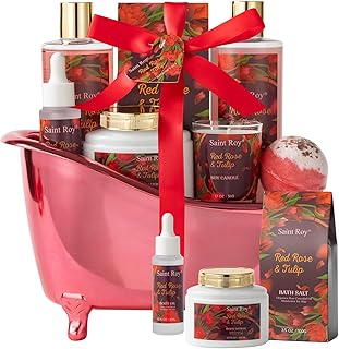 Spa Gift Basket Gifts for Women, spa kit Gifts for Her Mother's Day Bath Spa Gift Set Red Rose & Tulip Spa Basket Kits for Women, Bath & Body Set, Self Care Pamper Kit, Self-care baskets Mother Gift