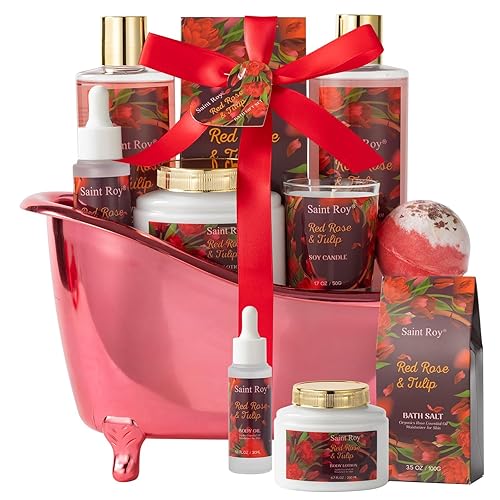 Mother's Day Spa Gift Basket for Women, Bath spa kit Gifts for Her Mother's Day Gifts Bath Spa Gift Set Rose & Tulip Spa Basket Kits for Women, Contains Body Oil, Bubble Bath, Body Lotion, Bath Salt, self care baskets for women gift