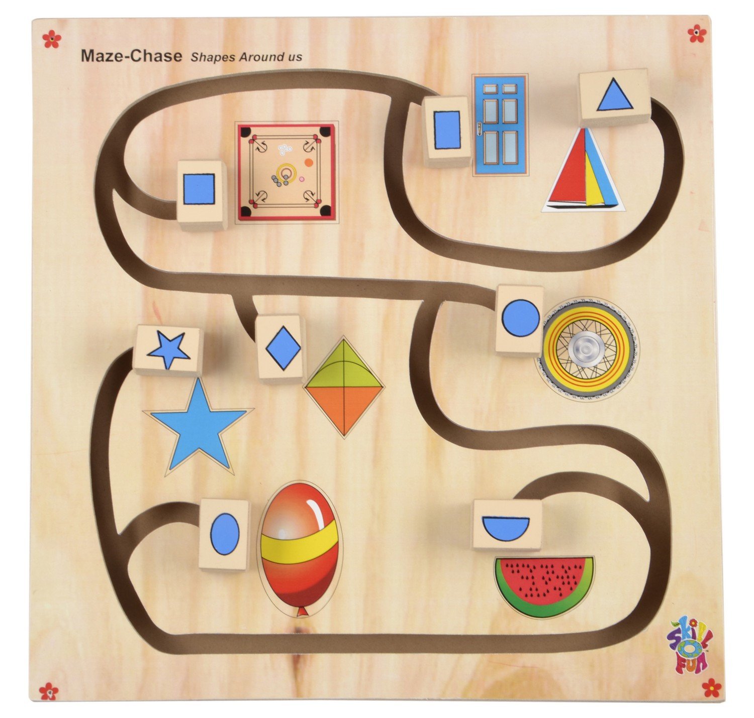 Skillofun Wooden Maze Chase - Shapes Around Us, Multi Color,for Kid