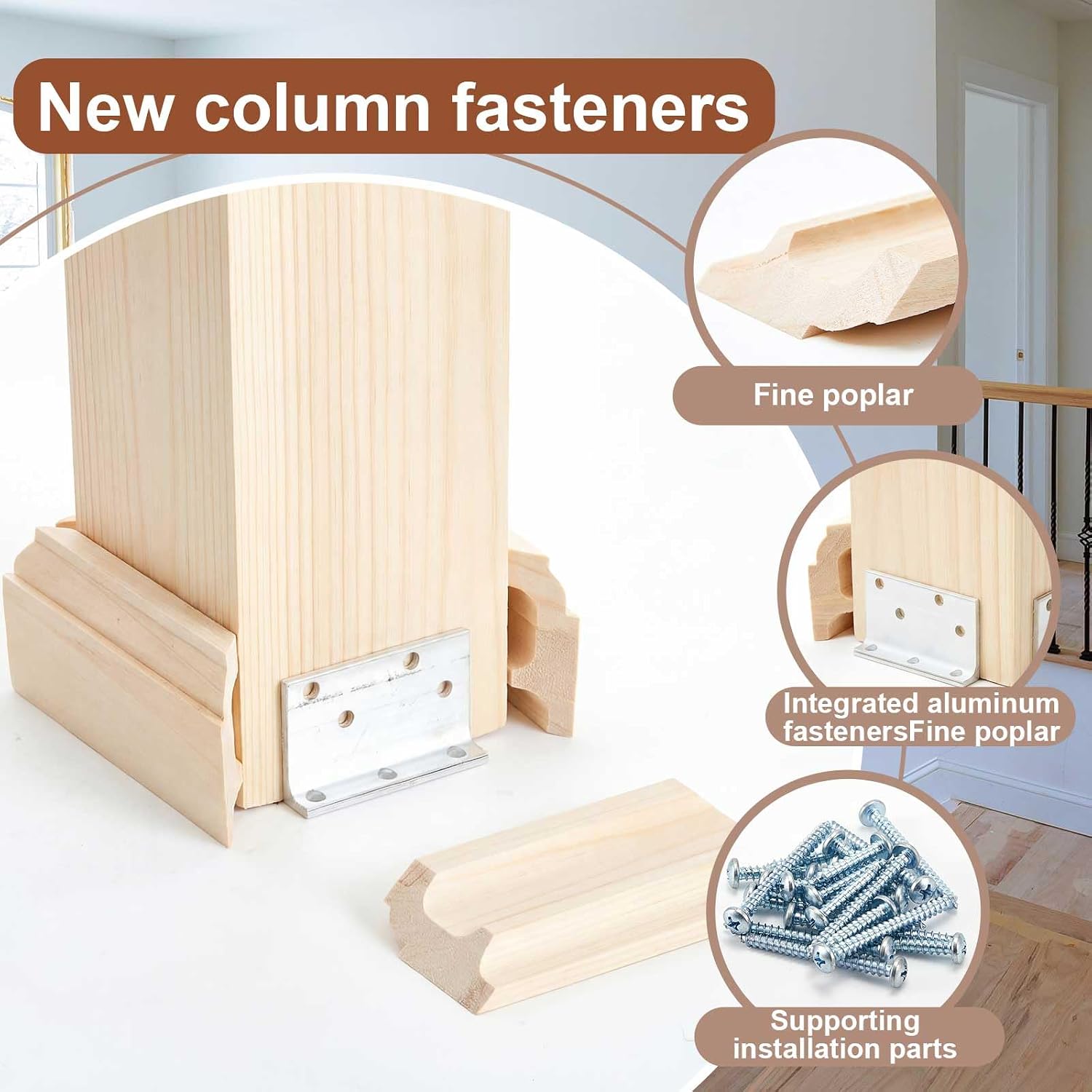 Blulu 1 Set 3-1/2" Newel Post Mounting Kit 4 Pcs L Bracket Metal Post Anchor with 4 Pcs Poplar Wood Trim Deck Base Fasteners and Screws for Fastening Handrails Balustrades to Stairs and Floors