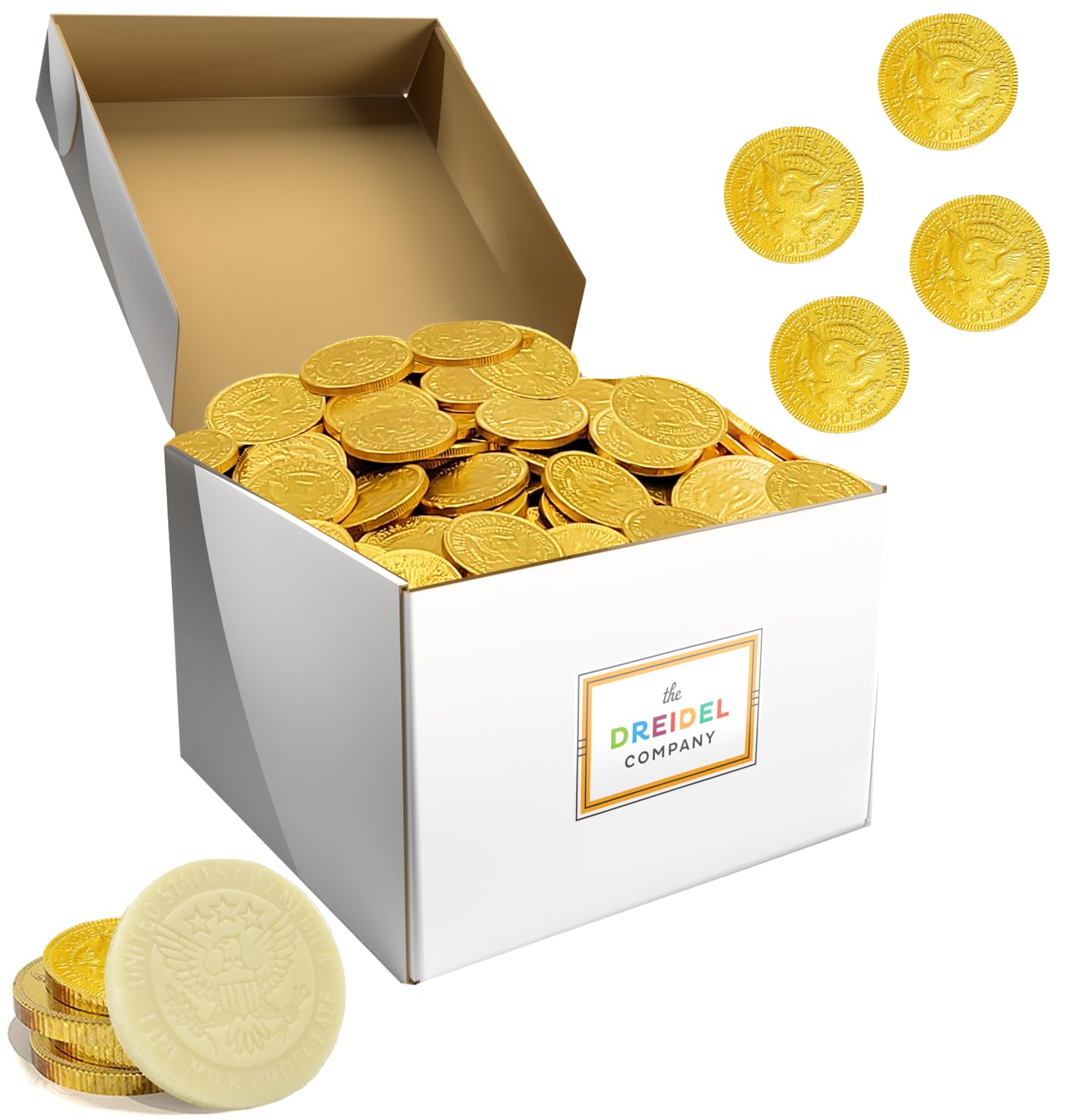 The Dreidel Company St. Patrick's Day White Milk Chocolate Coins 2 Pounds, Half-Dollar Gold Foil Coins in Themed Box, Made with Belgian Chocolate, Gluten-Free, Nut-Free, Kosher Certified Dairy