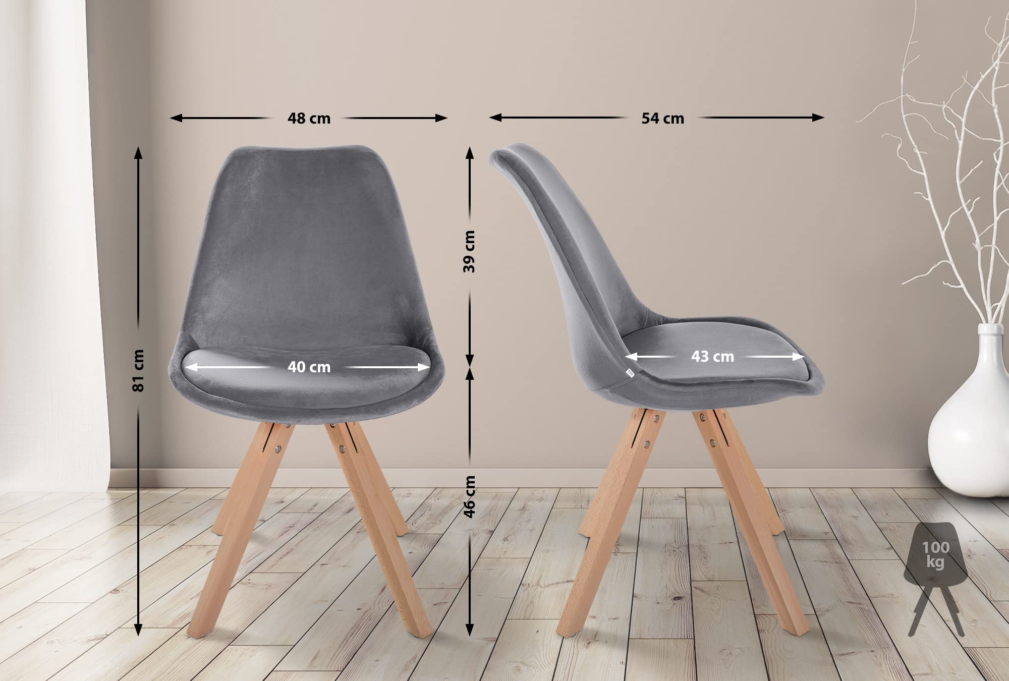 CLP 4er Set Stühle Sofia mit Samtbezug und hochwertiger Polsterung I Besucherstühle mit robustem 4-Fuß Holzgestell, Farbe:grau, Gestell Farbe:Natur (eckig)