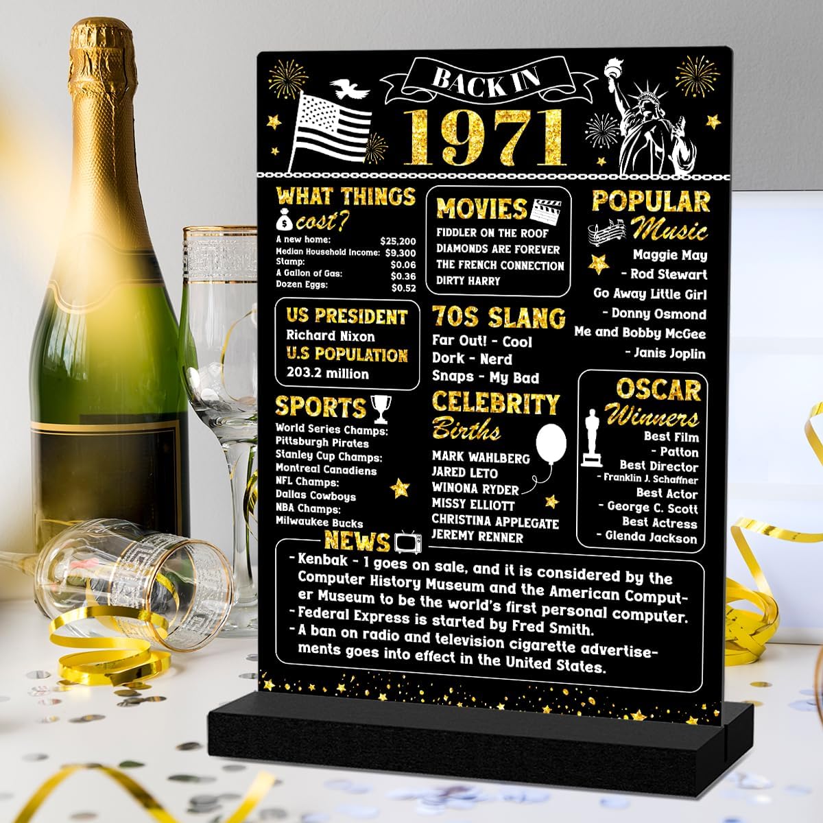 55th Birthday Decorations for Women Men,1971 Birthday Decorations, Acrylic Poster Table Sign With Stand,Vintage 1971 Table Decor Gift 50th Anniversary Class Reunion Gifts Gold - Image 6
