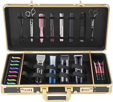 Barber Tool Travel Case Hairdresser Salon Clipper Trimmer Holder Organizer Box Tool Case with lock, Hair Styling Cutting Kit for Clipper Shears Combs Cosmetics Salon Beauty Supplies Gold