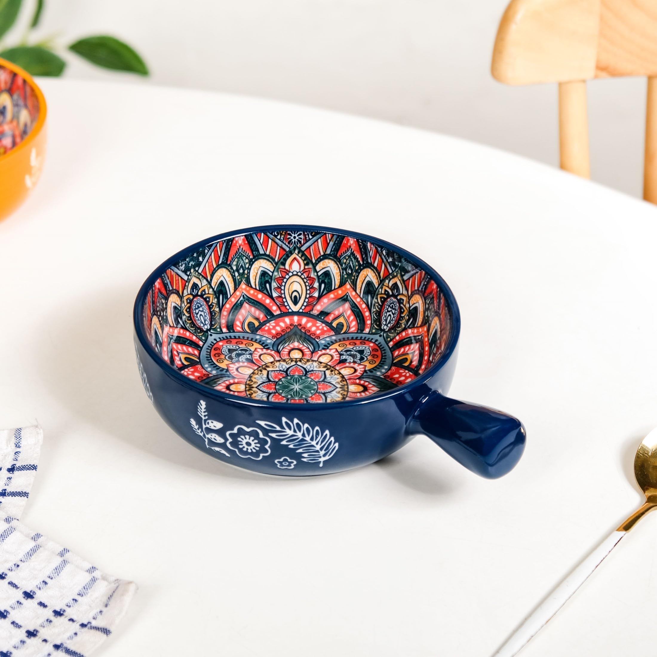 Nestasia Mandala Ceramic Snack Bowl with Handle (600 ml) - Microwave & Dishwasher Safe Serving Bowl - Ideal for Soup, Curries, Salad & Noodles (Blue)