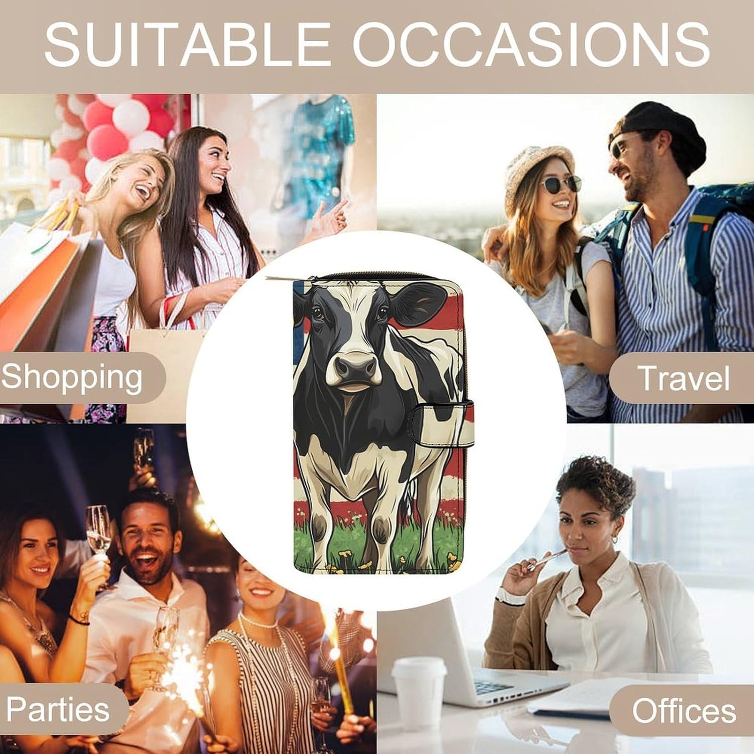 U.S Flag Cow Animal Women's Long Wallet Leather Large Capacity Wristlet Clutch Purse Wallets