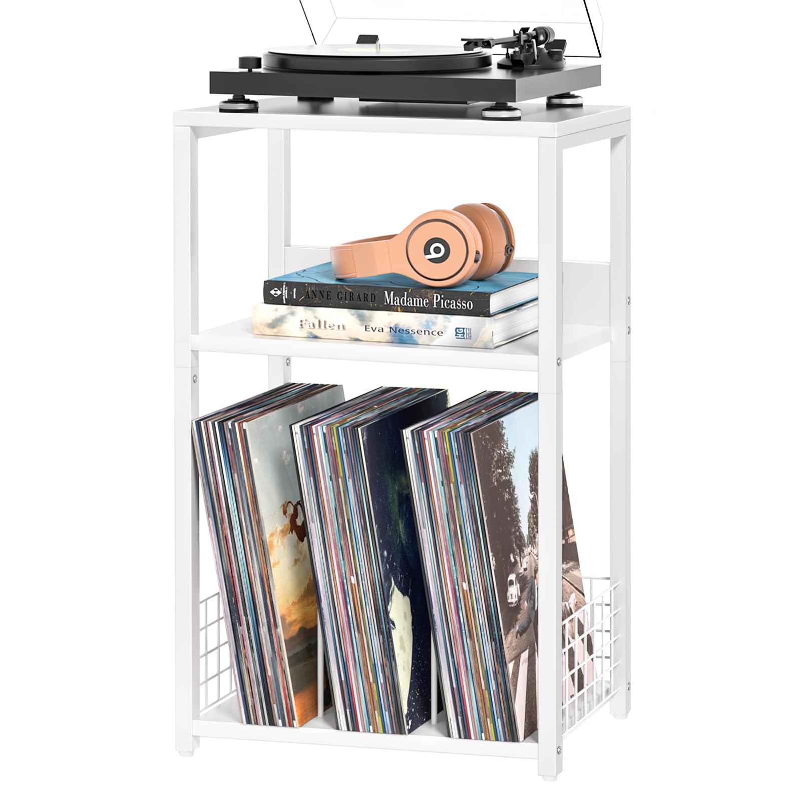 LELELINKY White Side Table,Small Printer Stand with Storage Shelf,3 Tier Industrial Bedside Tables,Vinyl Record Player Stand,Modern Sofa Night Stands for Living Room Bedroom Office Small Spaces
