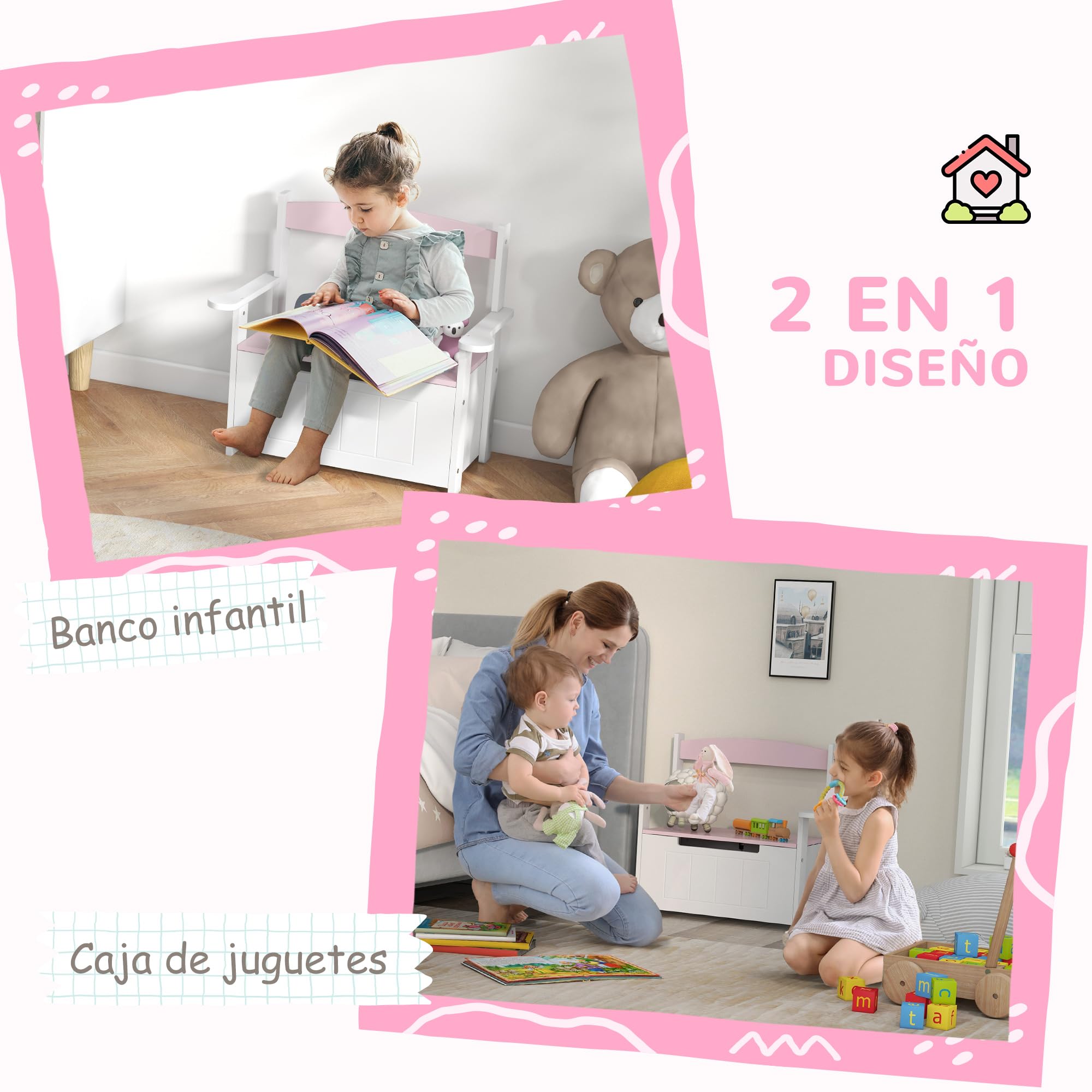 AIYAPLAY Baúl para Juguetes Infantil, Banco Almacenaje para Niños, con Respaldo y Tapa Amortiguadora, Carga 30 kg, para Salas de Juego, Dormitorio, 68,5x34x58 cm, Rosa y Blanco