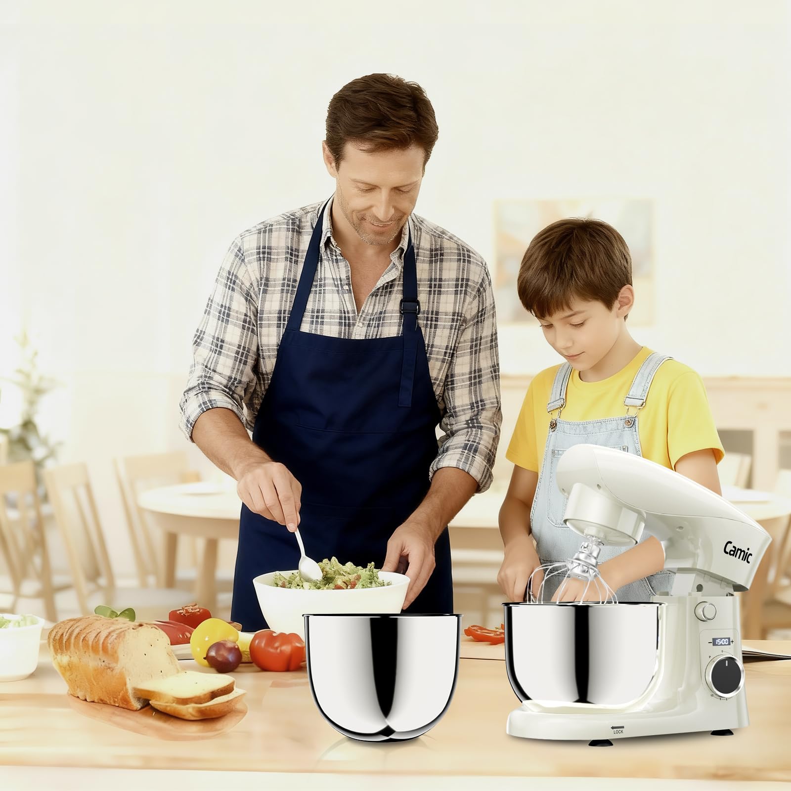 Camic Robot Pâtissier avec 3 Accessoires (Pétrissage, Mélange, Fouet), Robot Patissier avec écran LED, Minuterie, 10 Vitesses, 2 Bols en Acier Inoxydable (4 L + 5 L), pour Pâte, Pain, Pizza, Pâteaux