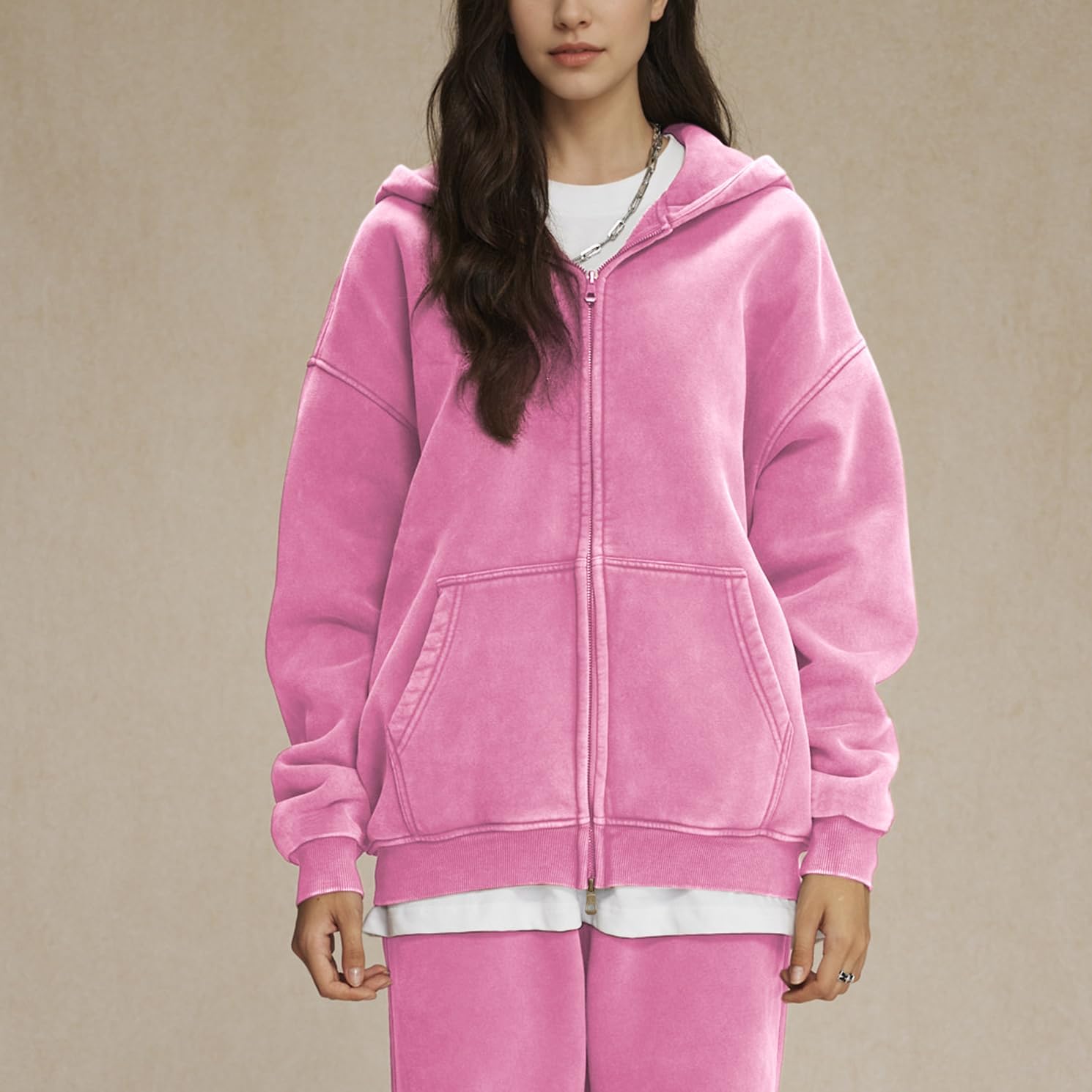 Womens Double Zip Up Hoodies Oversized Heavyweight Fleece Sweatshirt Acid Wash Hoodie Vintage Distress Cotton Jacket - Image 4