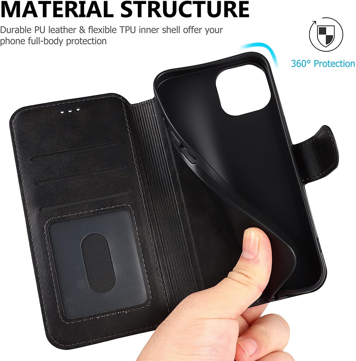 QLTYPRI Case for iPhone 13 Premium PU Leather Simple Wallet Case Card Slots Kickstand Magnetic Closure Shockproof Flip Cover for iPhone 13 6.1 inch - Black - Image 7