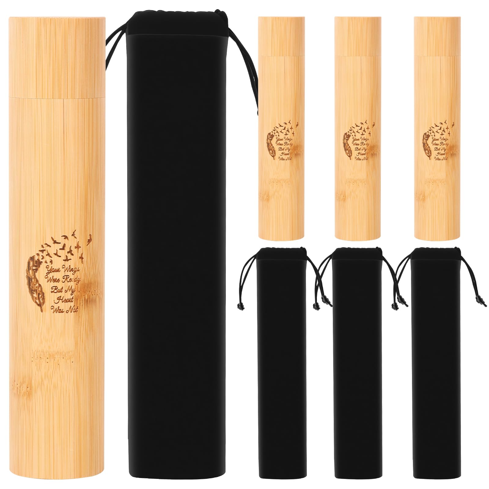 4Pcs Small Scattering Urn for Ashes 23x5x5cm, Biodegradable Ashes Keepsake with 4 Cloth Bag, Scatter Tube Wooden Scattering Tube for Human and Dog Cat Ash(Feather)
