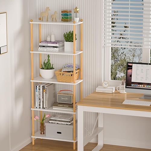 Miniatura 5 de Estantería alta de bambú blanco  5 niveles Turn-n-Tube Estantería organizadora de almacenamiento para dormitorio, oficina en casa y sala de estar