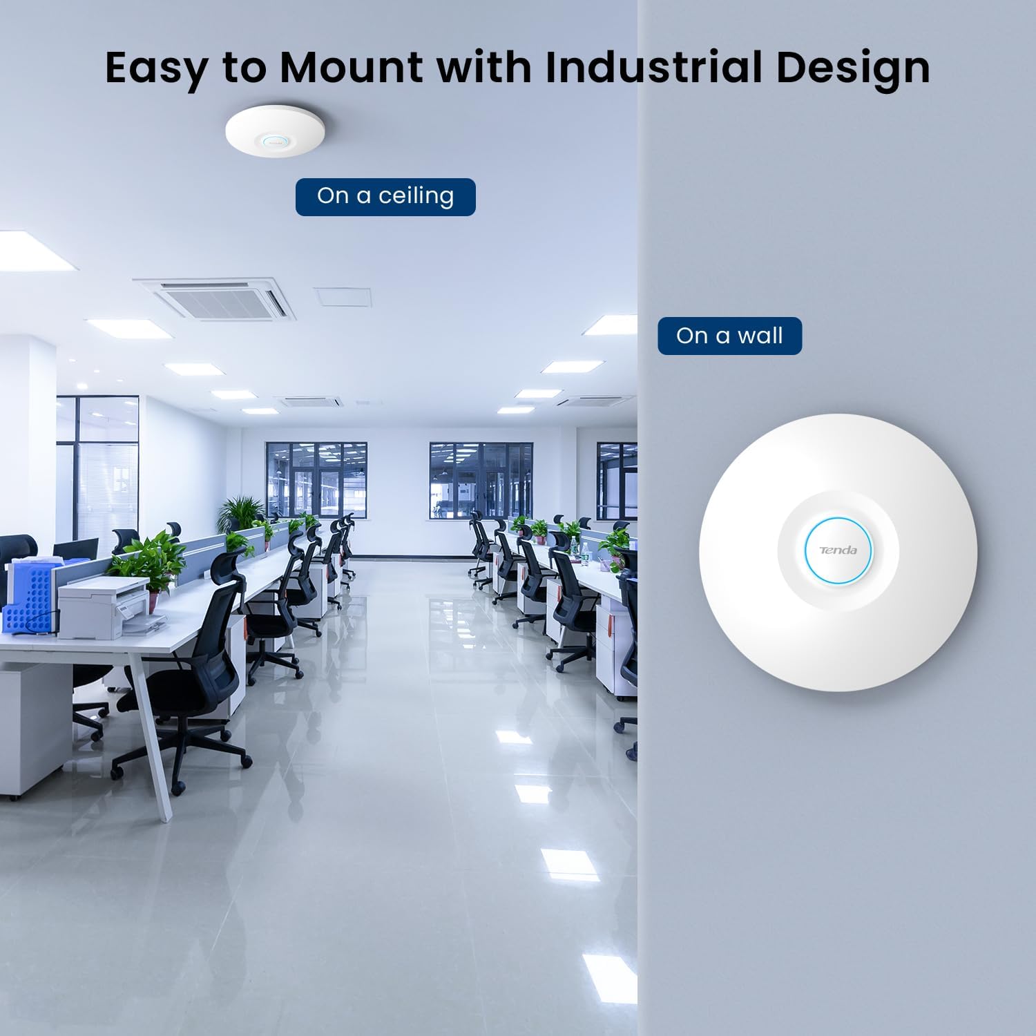 Tenda i29 Access Point mounted on a ceiling and a wall in an office environment