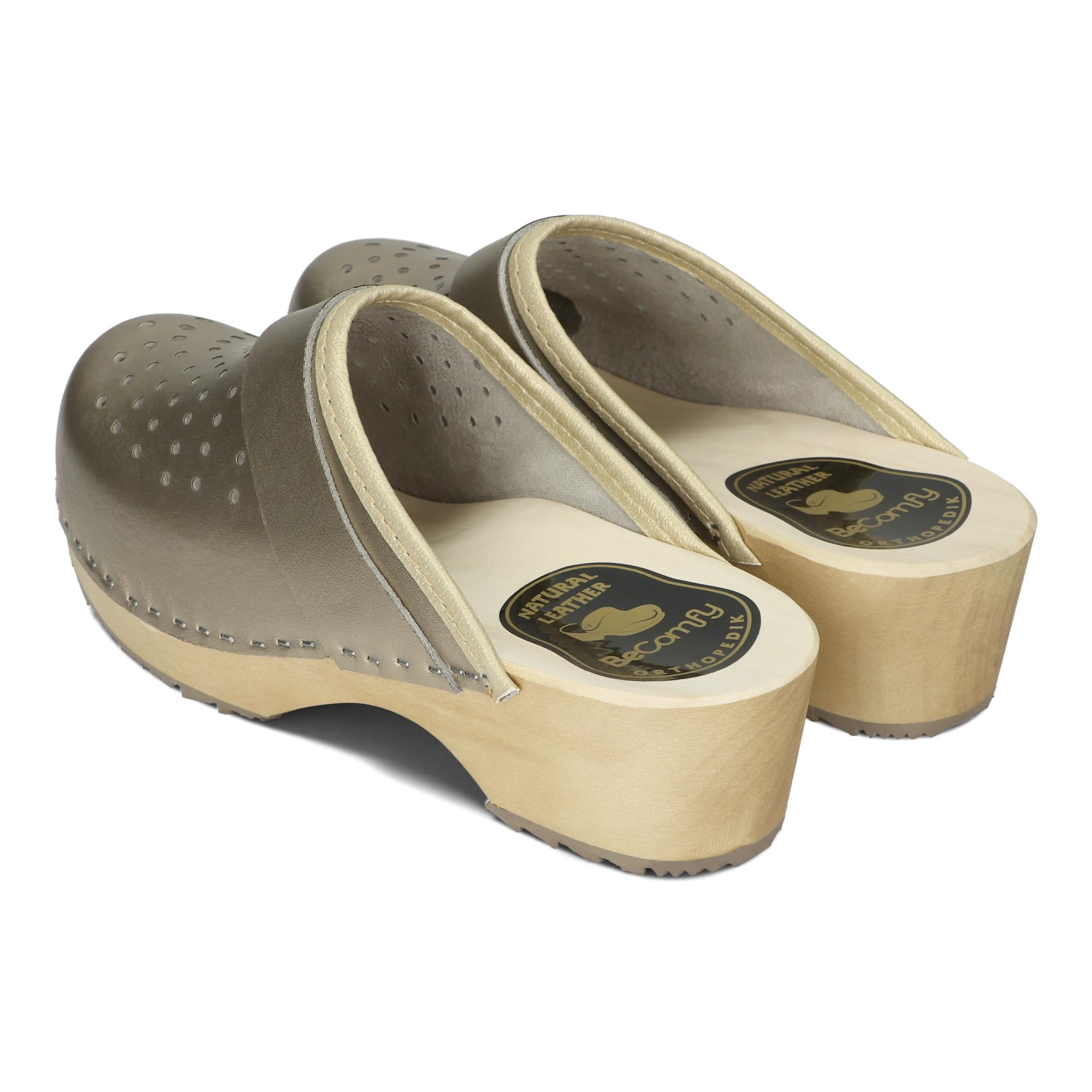 BeComfy Damen Holzclogs Naturleder Metallic | Naturleder innen und außen, Holzsohle mit Gummischicht, Blockabsatz 5 cm, Metallic-Optik, Weite Passform, EU