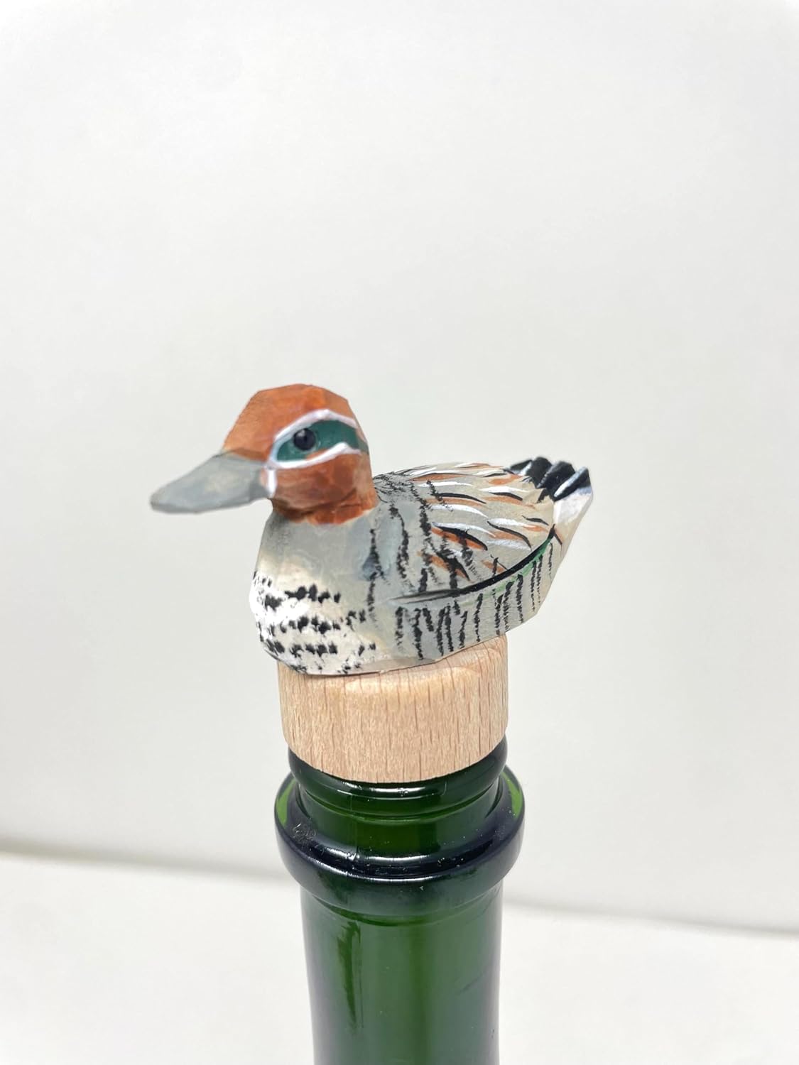 Eurasian Teal Duck Wine Stopper, Hand-Carved Wood, Rustic Nature-Inspired Bottle Plug