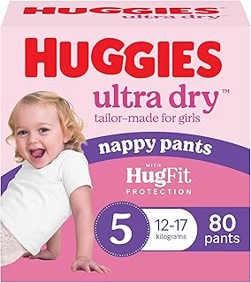 Huggies Ultra Dry Nappy Pants Girls Size 5 (12-17kg) 80 Count - Packaging May Vary