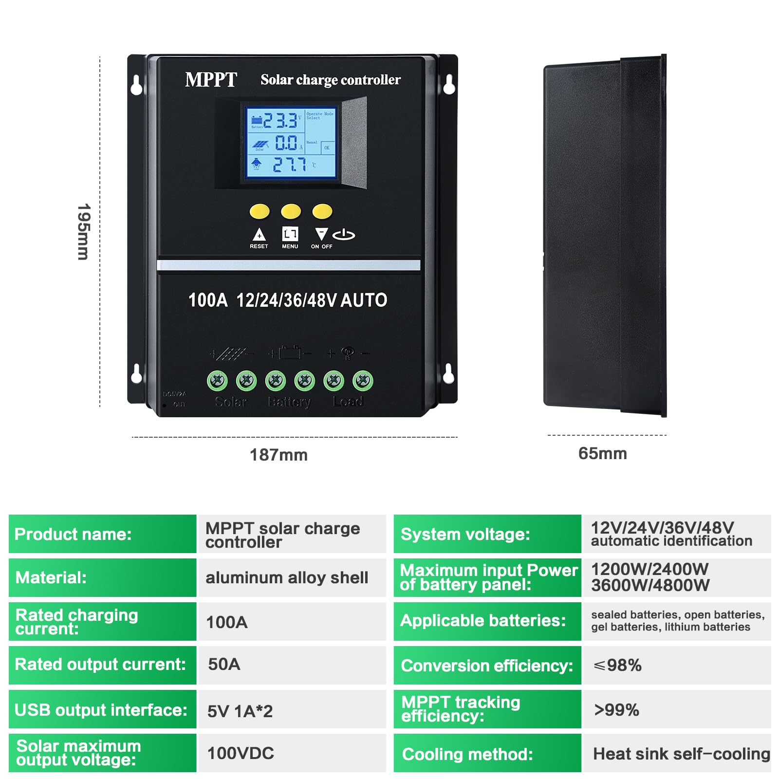 Regulador solar MPPT de 100A 12V/24V/36V/48V MPPT controlador de carga automático ID pantalla LCD Max 100V CC entrada de plomo/ácido/litio Dual USB negro