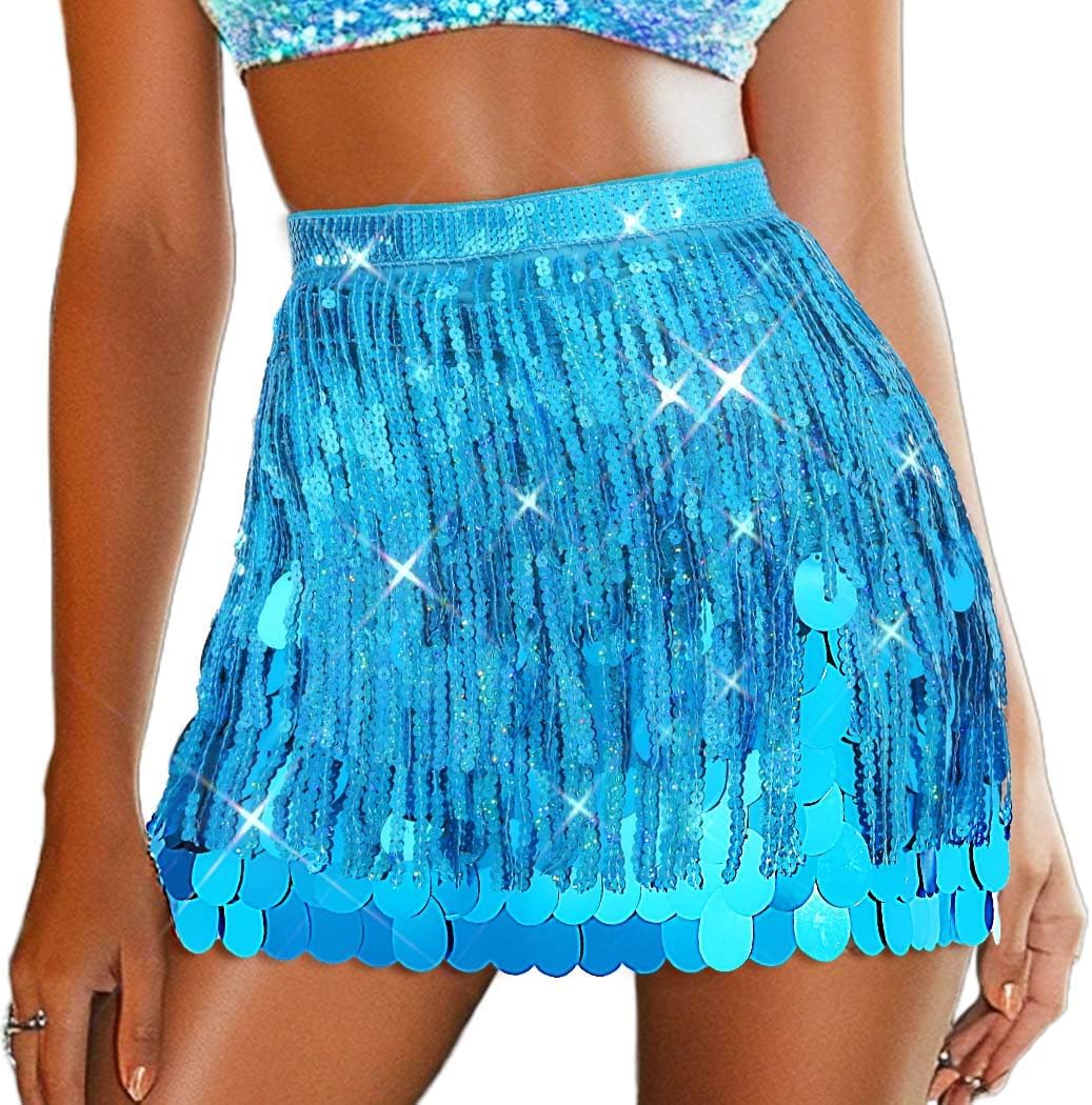 Sparkly Sequin Fringe Skirt Mermaid Costume Shorts Rave Skirts for Women (Light Blue)
