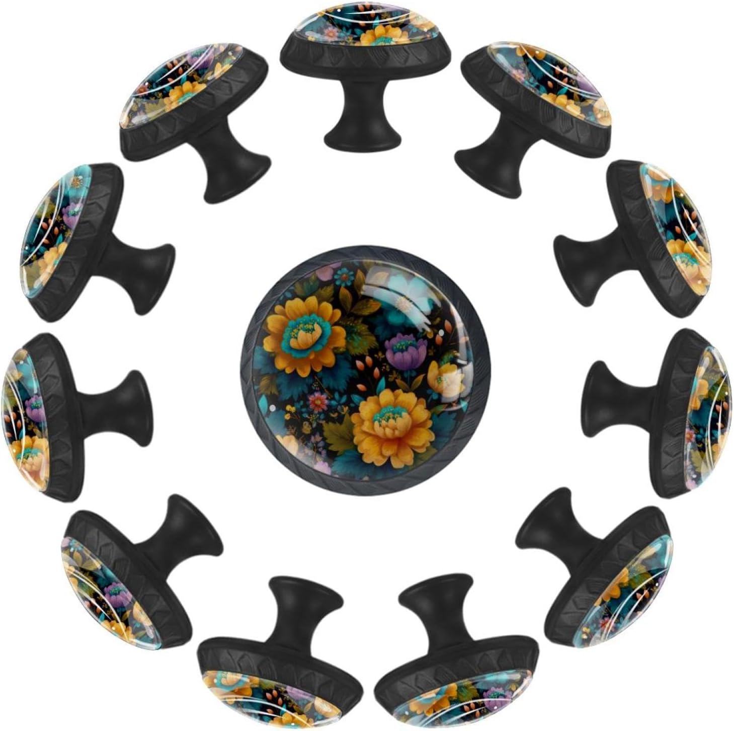 Black Textured Floral Vector Pattern Round Drawer Pulls, Glass Cabinet Knobs with Screws for Various Cabinets