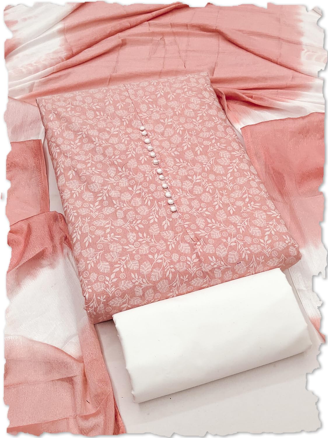 leeza store Women’s Cotton Printed Salwar Suit Dress Material with White Floral Print Top, Solid Bottom & Chinon Ombre Dupatta with Thread Work | Unstitched 3 Piece Set-picture-44