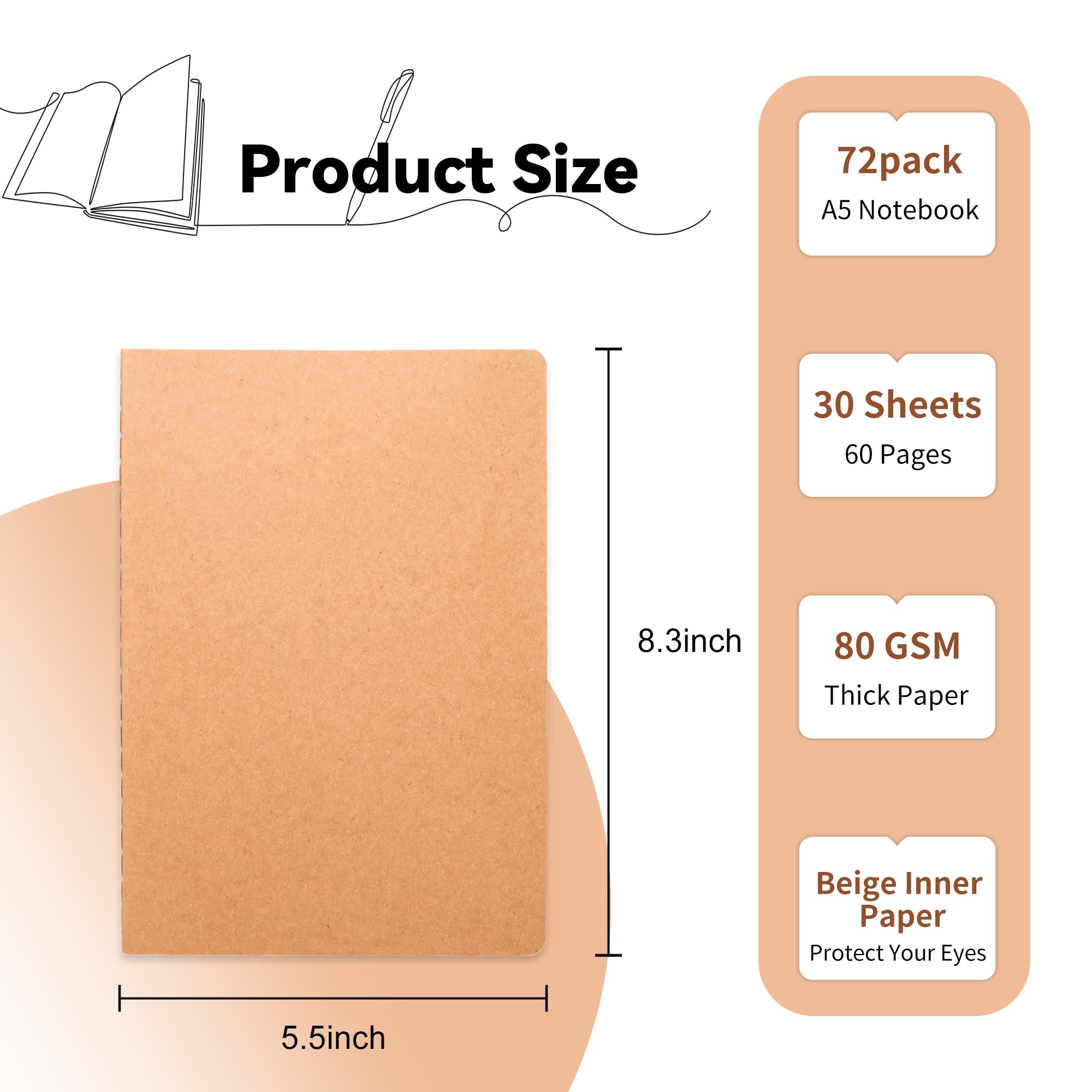 72 Stück Blanko-Notizbücher, 21,6 x 14,9 cm, A5, kleine Tagebücher, Großpackung, blanko, 80 g/m², unliniert mit 60 Seiten, A5-Notizbücher, Reisetagebuch-Set für Erwachsene, Studenten, Schulbedarf