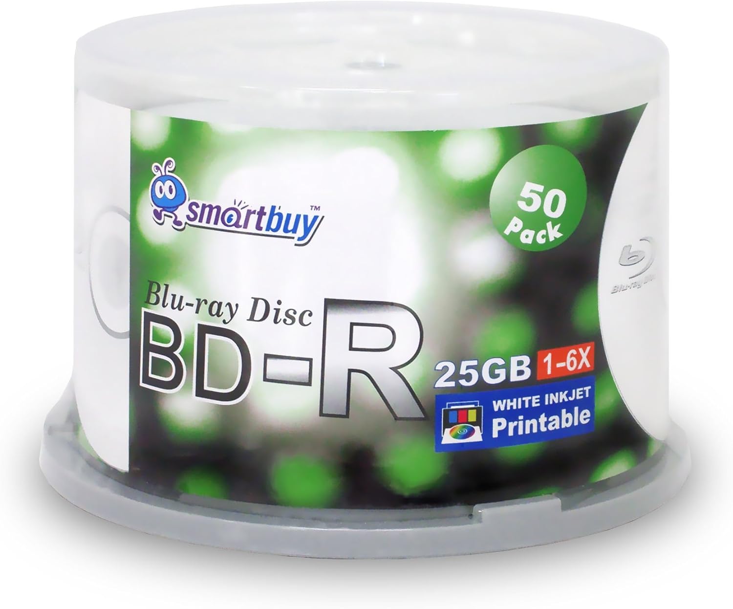 Smartbuy 100-disc 25gb 6X Bd-r BDR Blu-ray Single Layer White Inkjet Hub Printable Blank Data Recordable Media Disc with Cakebox/Spindle Packing