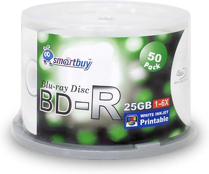Smartbuy 50-disc 25GB 6X BD-R Blu-Ray White Inkjet Hub Printable Blank Media Disc + Black Permanent Marker