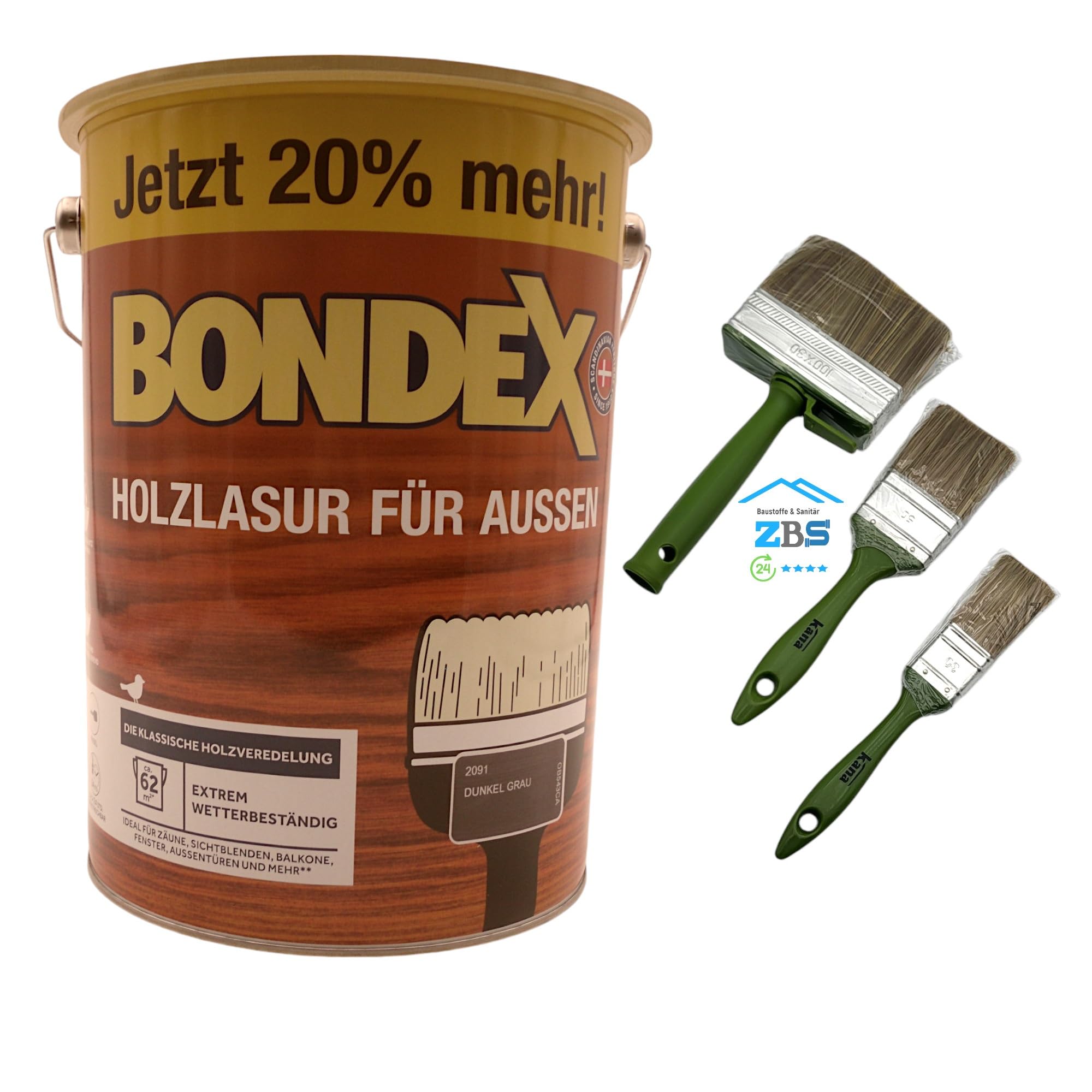 zbs24 Bondex Holzlasur für außen oregon pinie 4,8 Liter, inkl. 3-teiliges Pinselset, hohe Witterungsbeständigkeit, Intensivschutz vor Nässe