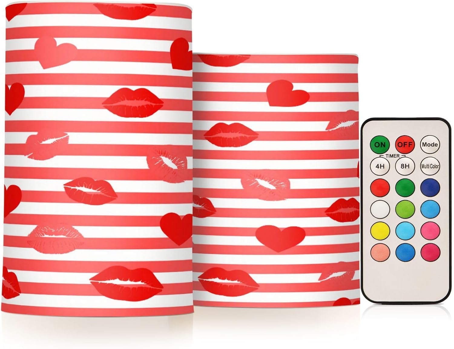 Red White Striped Heart Lip Love Decorative Flickering Votive Candles Battery Operated Electronic Lights Waterproof with Remote for Thanksgiving Outdoor Battery Operated