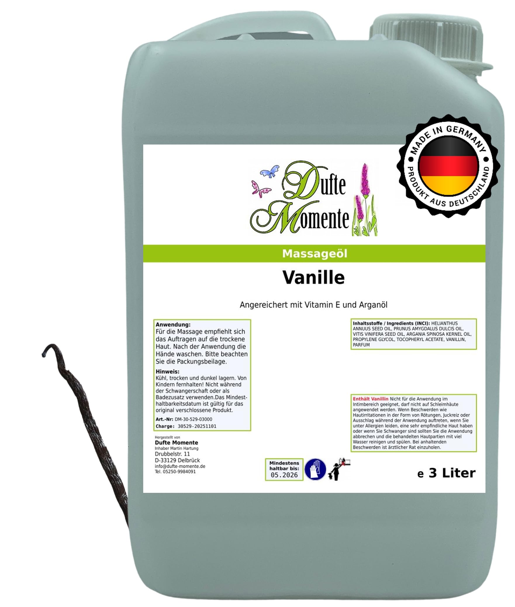 Dufte Momente Massageöl Vanille – 3 Liter – Pflanzenölbasis mit Vanilleduft – warm & pflegend – für Massage & Wellness – vegan & Made in Germany