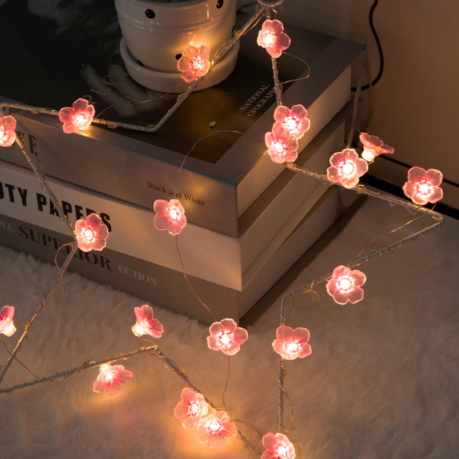 Auting Guirnalda de luces LED con diseño de flores de cerezo, 2 m, guirnalda de flores, guirnalda con 20 luces LED, batería con función de temporización, cadena de luces para decoración de primavera