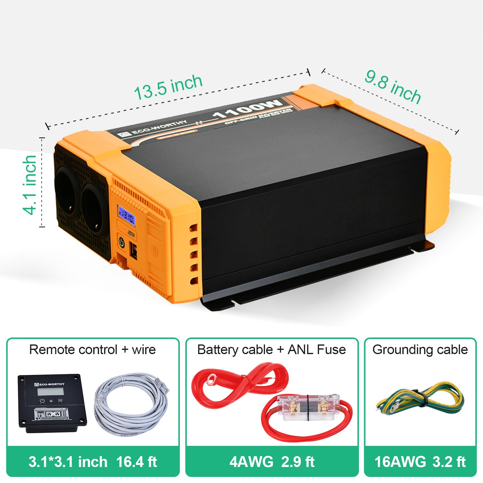ECO-WORTHY Inverter da 12 V a 230 V sinus puro, convertitore di tensione da 1100 W, connettore USB Dual 18 W, 2 prese AC, 1 morsetti hardwire e 1 fusibile da 100 A, ECO1100W(BB)