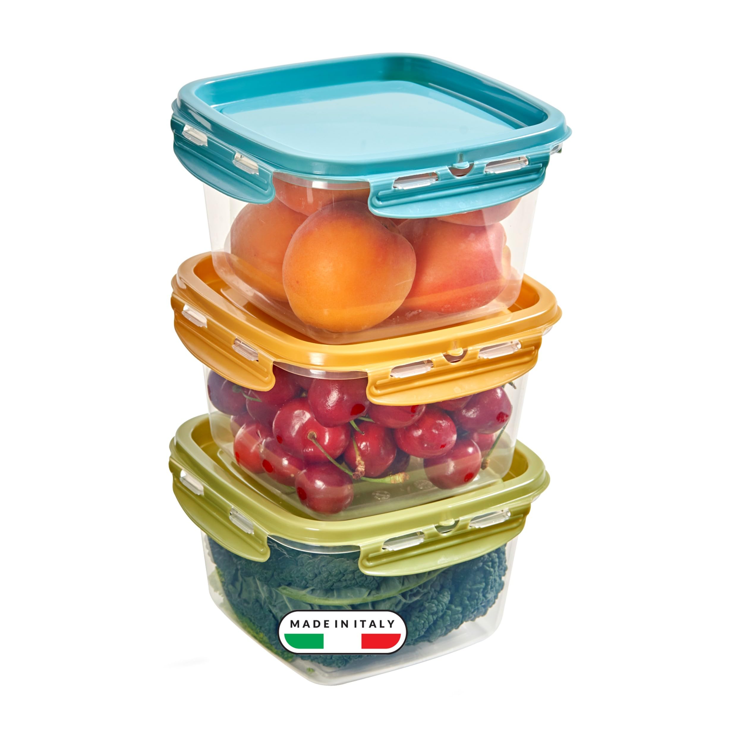Snips, SnipsLock MIXCOLOR, Set of 3 Food Containers, 3 x 1 LT, Square, 14.7 x 14.7 x 12 cm, Made in Italy