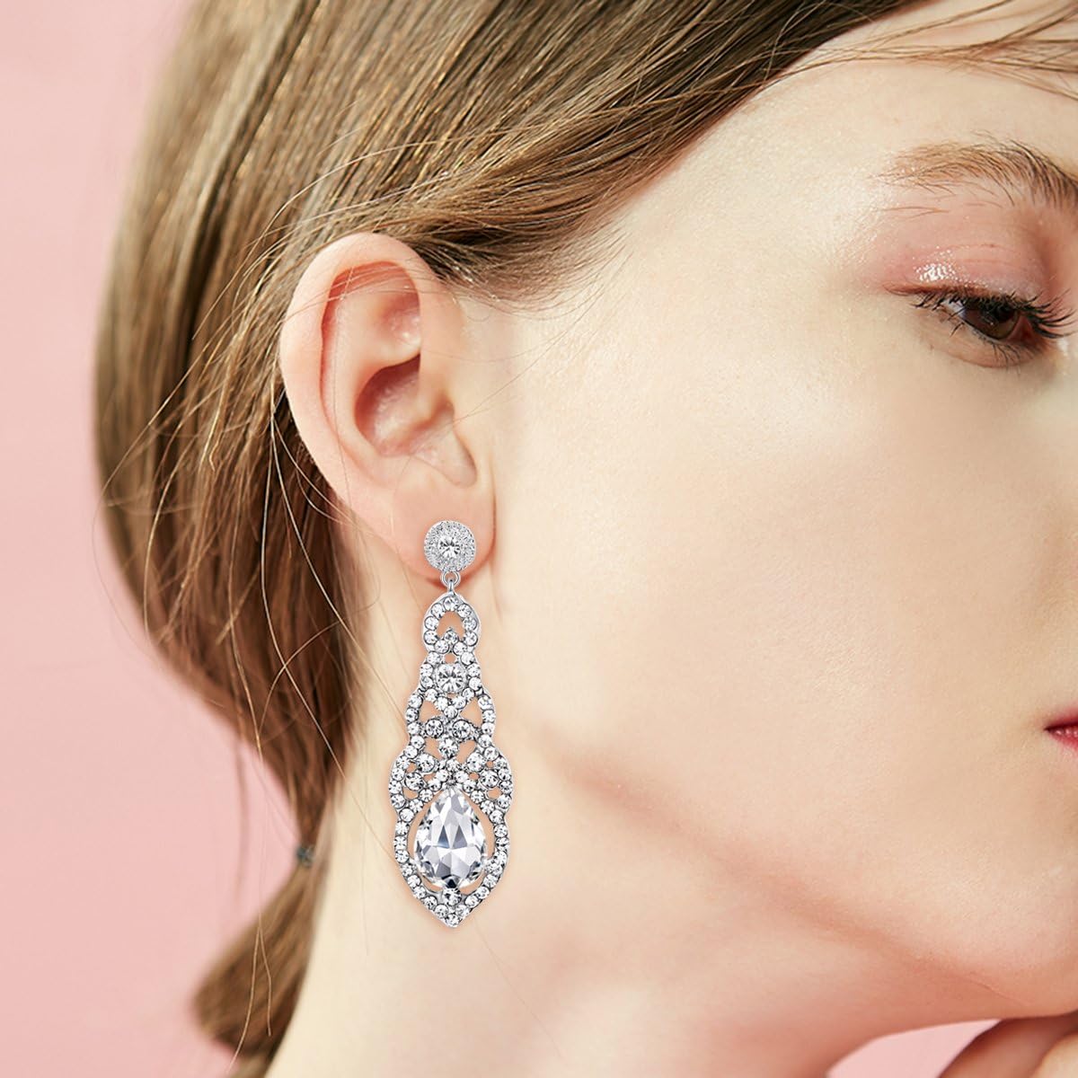 BriLove Women's Wedding Bridal Crystal Art Deco Teardrop Hollow Chandelier Dangle Earrings - Image 6