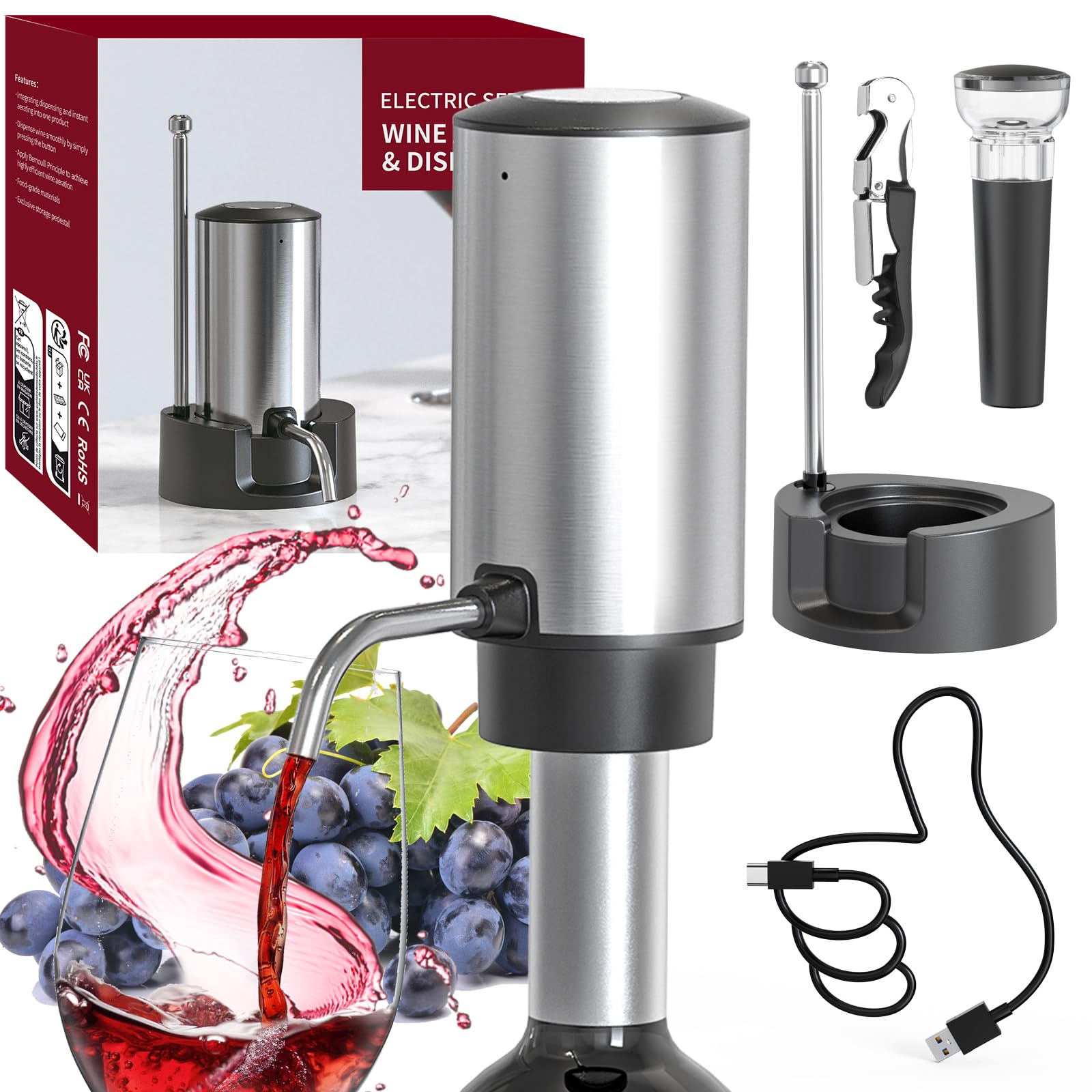 CIRCLE JOY Aireador Eléctrico para Vino, Decantador Recargable con Base de Almacenamiento, Sacacorchos y Tapón al Vacío, Regalo para los Amantes del Vino, Plateado
