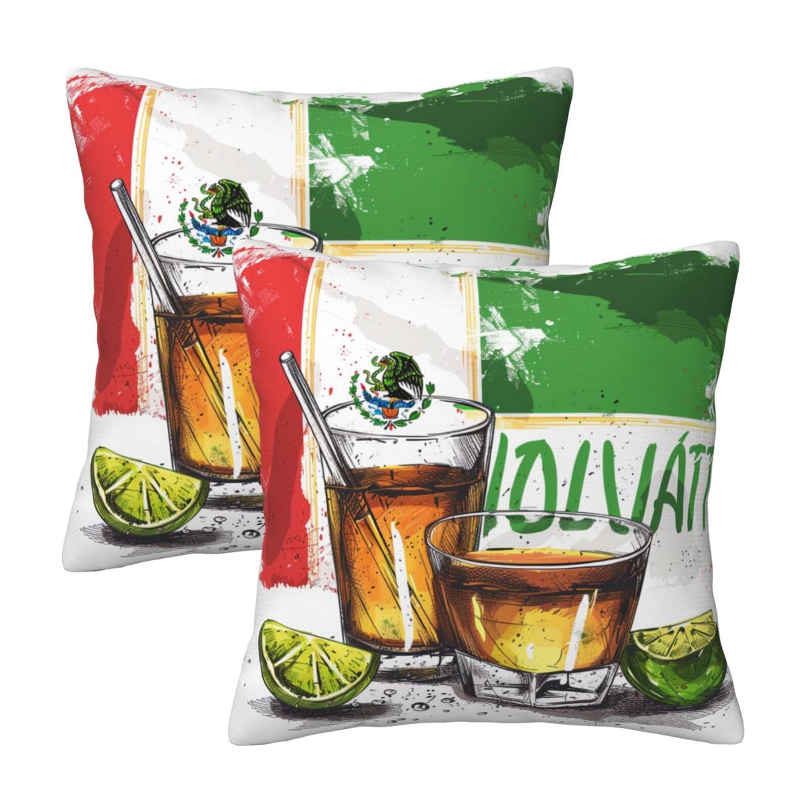 kkvhhyuo mexico flag and tequila Print Pillow Covers Set of 2, Square Decorative Cushion Covers with Hidden Zipper, Throw Pillow Cases for Living Room Sofa Bed Chair, 45x45 cm